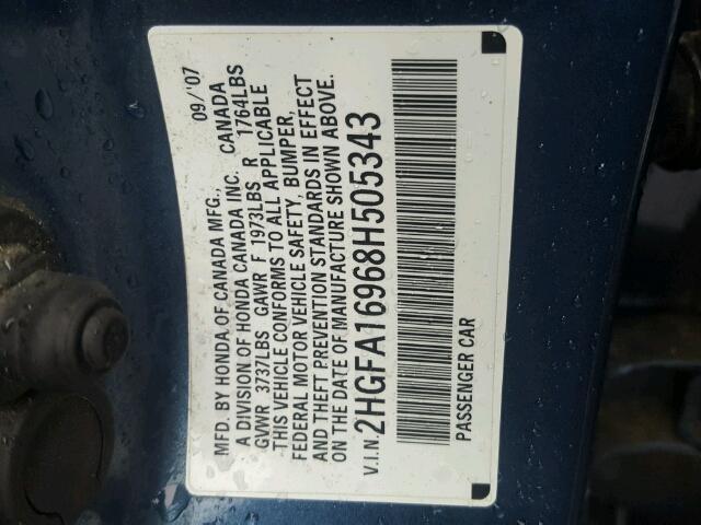 2HGFA16968H505343 - 2008 HONDA CIVIC EXL ლურჯი ფოტო 10