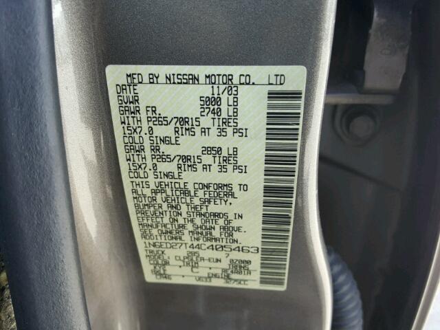 1N6ED27T44C405463 - 2004 NISSAN FRONTIER GRAY photo 10