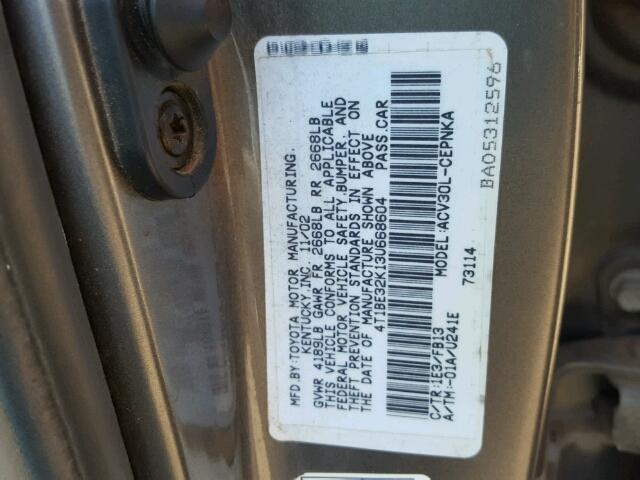 4T1BE32K13U668604 - 2003 TOYOTA CAMRY LE GRAY photo 10