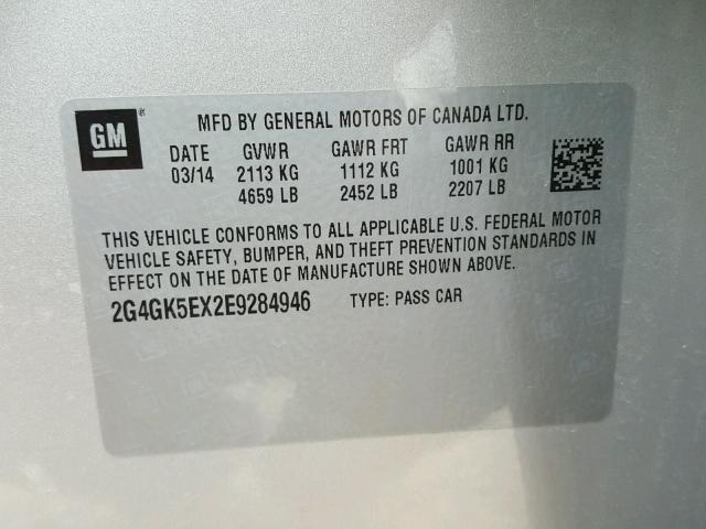2G4GK5EX2E9284946 - 2014 BUICK REGAL SILVER photo 10