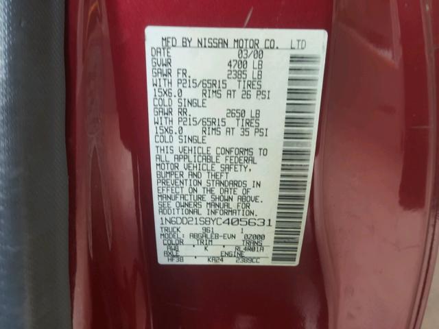 1N6DD21S8YC405631 - 2000 NISSAN FRONTIER X MAROON photo 10