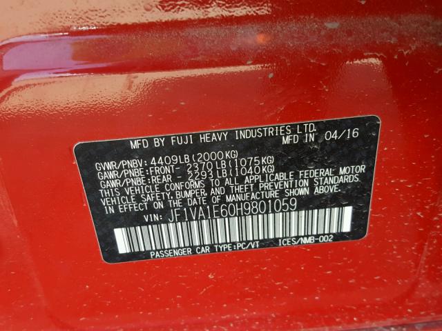 JF1VA1E60H9801059 - 2017 SUBARU WRX PREMIU RED photo 10