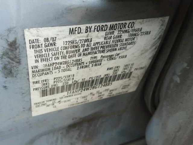 1FAHP24W28G124885 - 2008 FORD TAURUS SEL BLUE photo 10