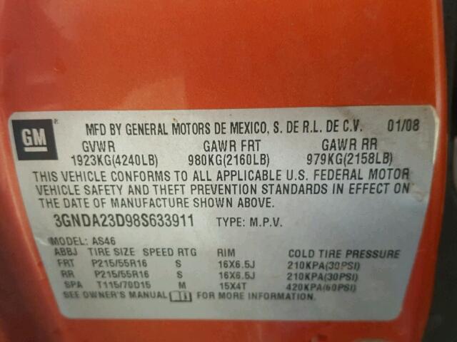 3GNDA23D98S633911 - 2008 CHEVROLET HHR ORANGE photo 10