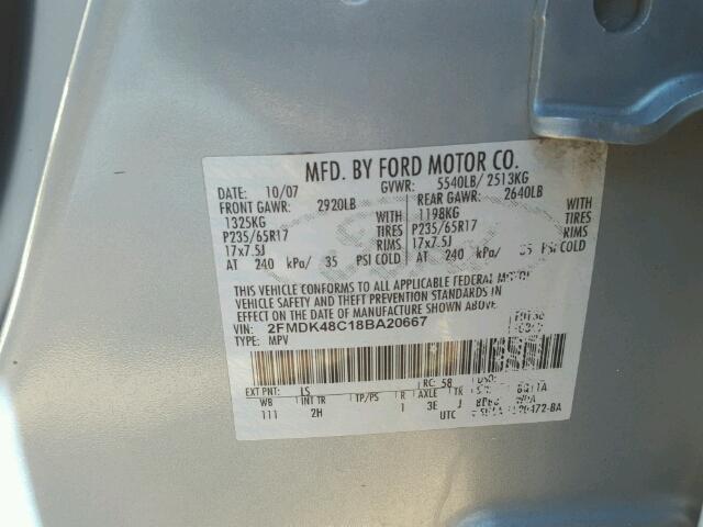 2FMDK48C18BA20667 - 2008 FORD EDGE SEL BLUE photo 10