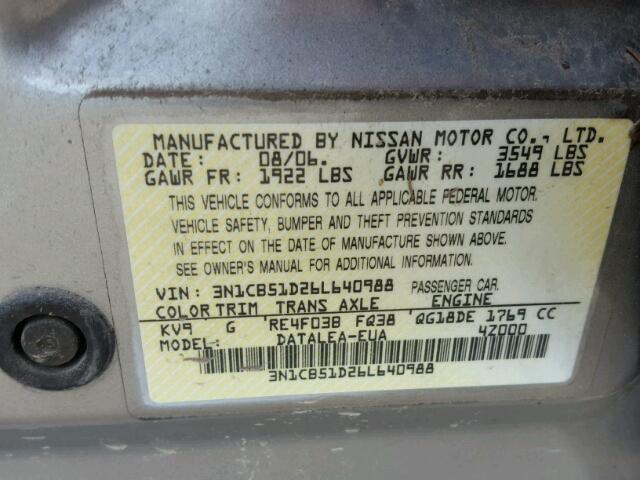 3N1CB51D26L640988 - 2006 NISSAN SENTRA 1.8 GRAY photo 10