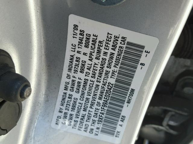 19XFA1F99AE020422 - 2010 HONDA CIVIC EXL 银色 照片 10