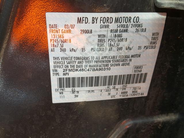 2FMDK48C47BA90310 - 2007 FORD EDGE SEL GRAY photo 10