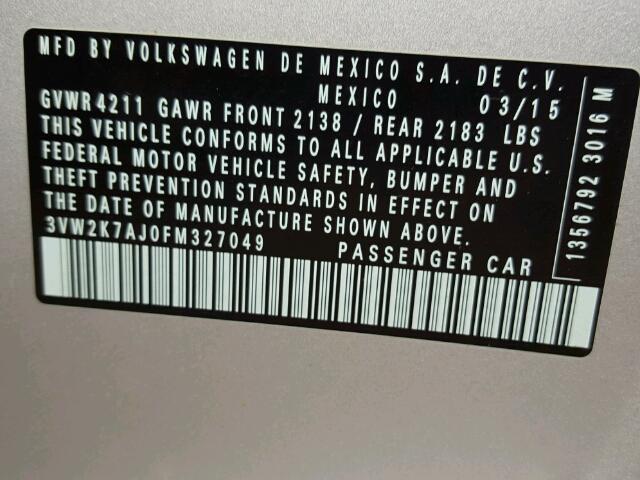 3VW2K7AJ0FM327049 - 2015 VOLKSWAGEN JETTA BASE SILVER photo 10