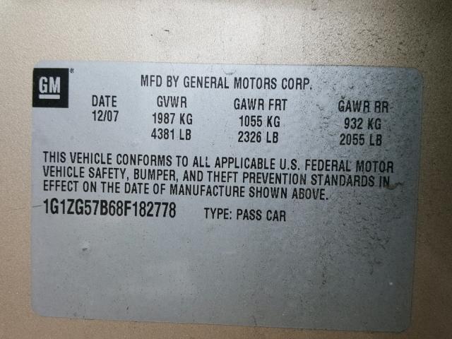 1G1ZG57B68F182778 - 2008 CHEVROLET MALIBU LS Bej foto 10