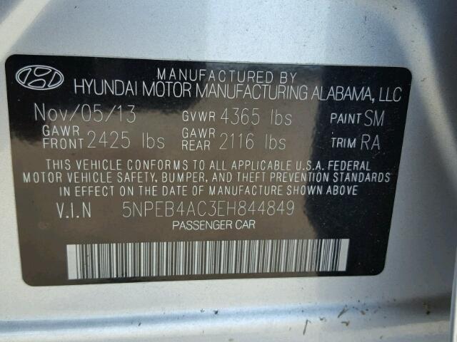 5NPEB4AC3EH844849 - 2014 HYUNDAI SONATA GLS SILVER photo 10