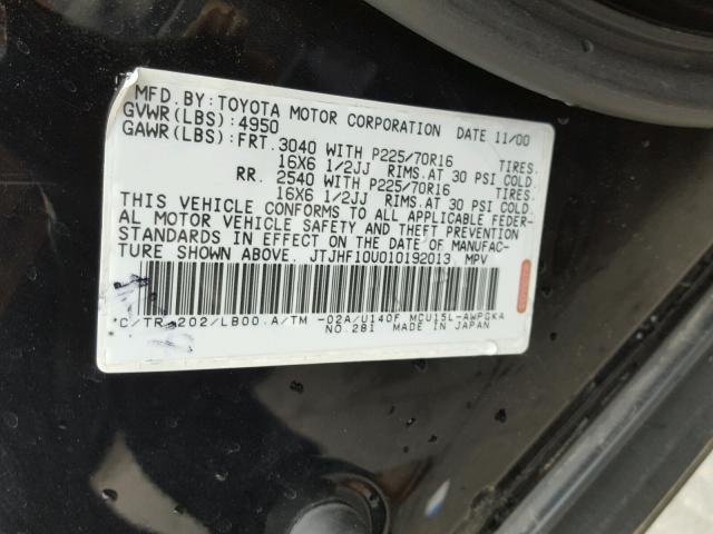 JTJHF10U010192013 - 2001 LEXUS RX 300 BLACK photo 10