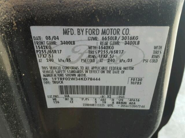 1FTRF02W34KD78444 - 2004 FORD F150 BLACK photo 10