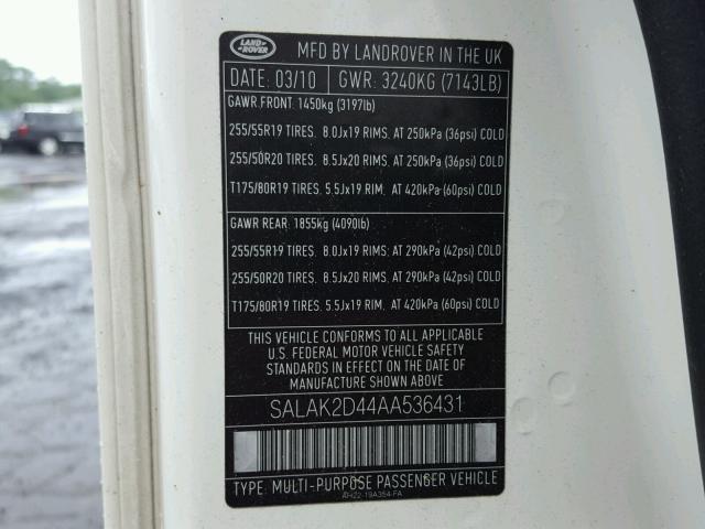 SALAK2D44AA536431 - 2010 LAND ROVER LR4 HSE LU WHITE photo 10
