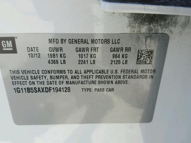 1G11B5SAXDF194128 - 2013 CHEVROLET MALIBU LS 白色 照片 10