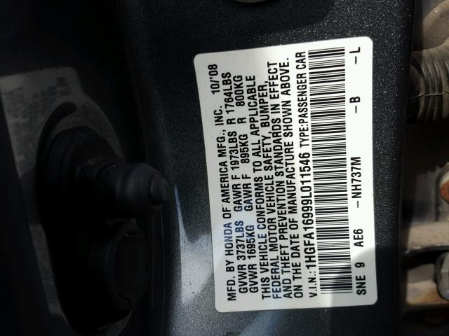 1HGFA16999L011546 - 2009 HONDA CIVIC EXL 灰色 照片 10