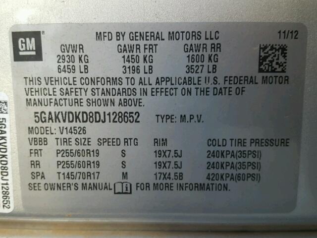 5GAKVDKD8DJ128652 - 2013 BUICK ENCLAVE SILVER photo 10