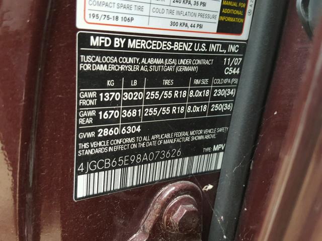 4JGCB65E98A073626 - 2008 MERCEDES-BENZ R 350 BURGUNDY photo 10