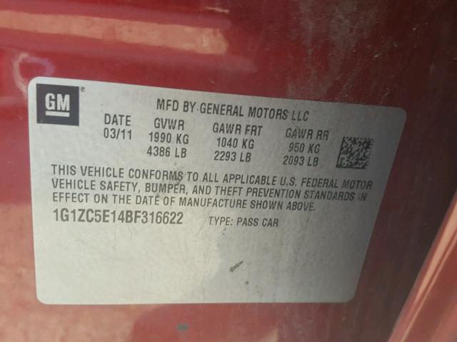 1G1ZC5E14BF316622 - 2011 CHEVROLET MALIBU 1LT BURGUNDY photo 10