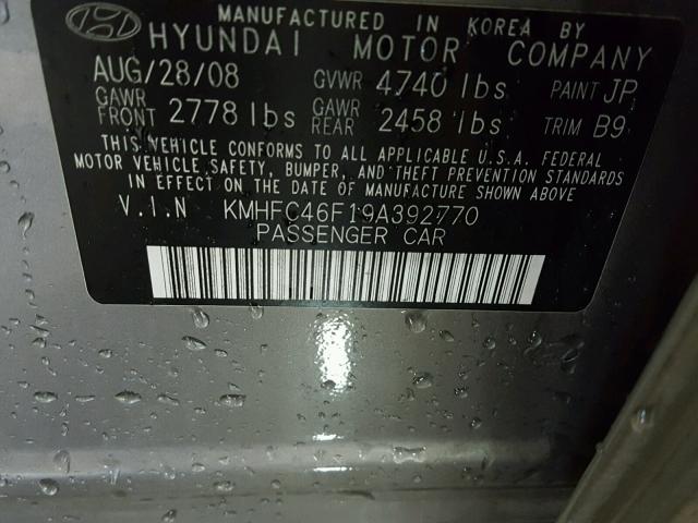 KMHFC46F19A392770 - 2009 HYUNDAI AZERA SE GRAY photo 10