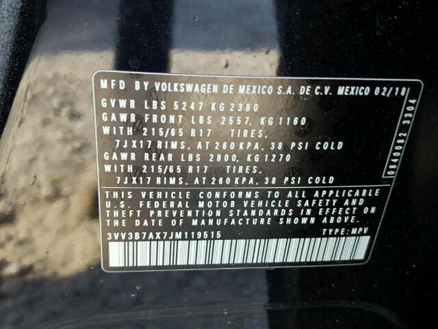 3VV3B7AX7JM119515 - 2018 VOLKSWAGEN TIGUAN SE Schwarz Foto 10