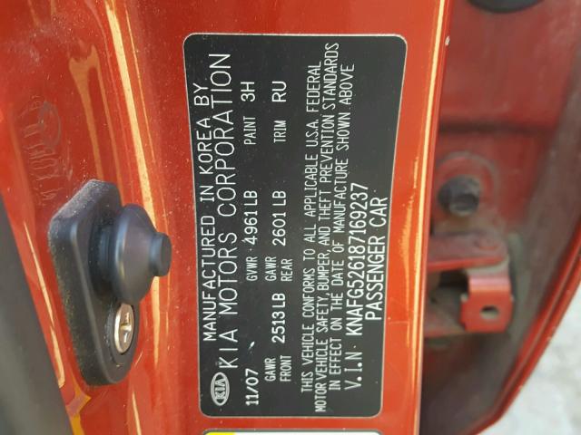 KNAFG526187169237 - 2008 KIA RONDO LX ORANGE photo 10