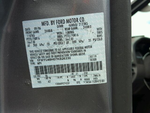 1FMYU49H07KB26330 - 2007 FORD ESCAPE HEV GRAY photo 10