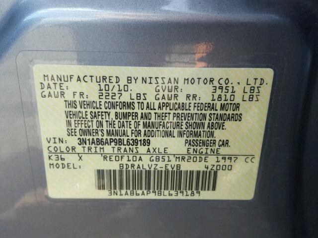 3N1AB6AP9BL639189 - 2011 NISSAN SENTRA 2.0 GRAY photo 10