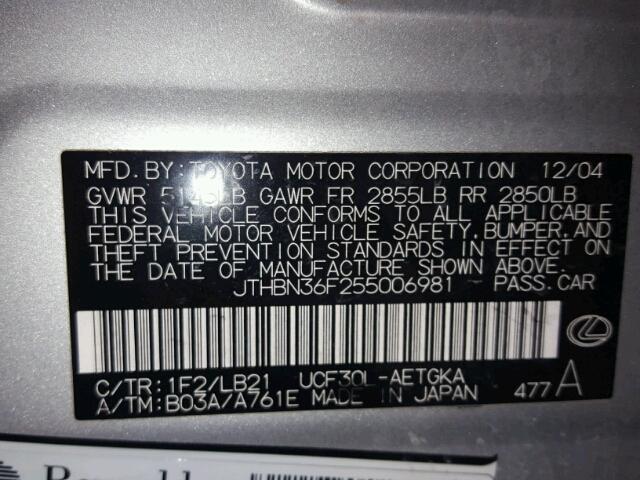 JTHBN36F255006981 - 2005 LEXUS LS 430 SILVER photo 10