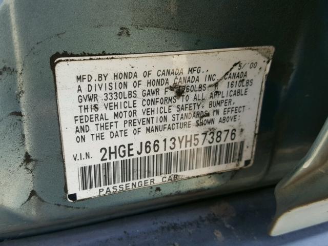 2HGEJ6613YH573876 - 2000 HONDA CIVIC BASE TURQUOISE photo 10