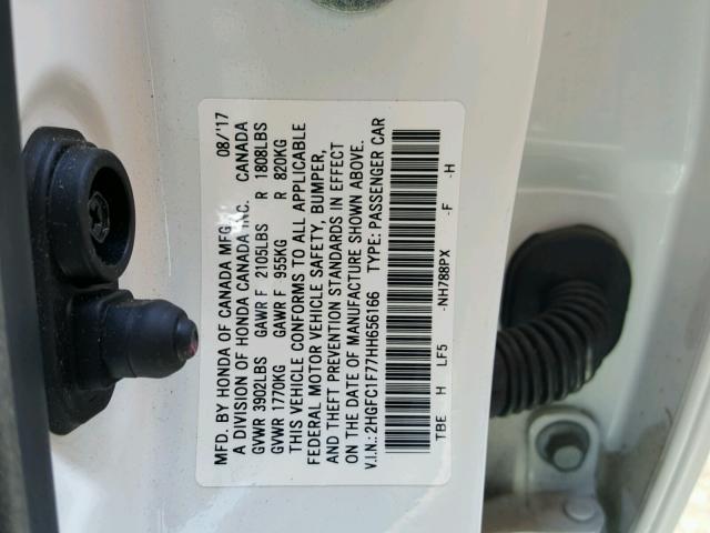 2HGFC1F77HH656166 - 2017 HONDA CIVIC EXL 白色 照片 10