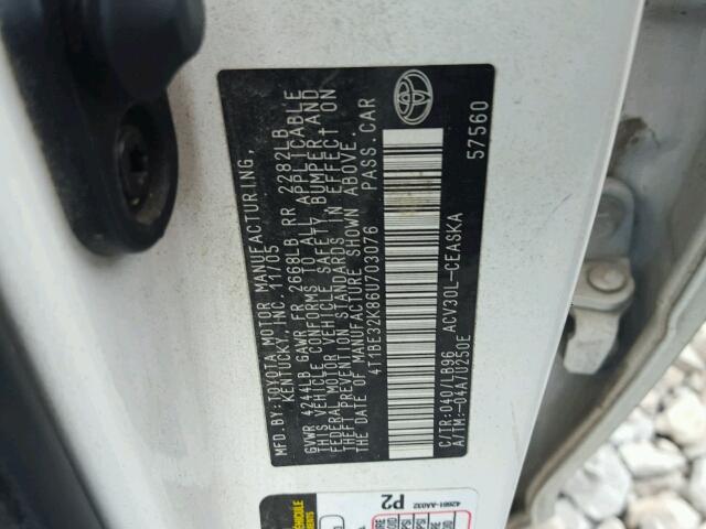 4T1BE32K86U703076 - 2006 TOYOTA CAMRY LE WHITE photo 10