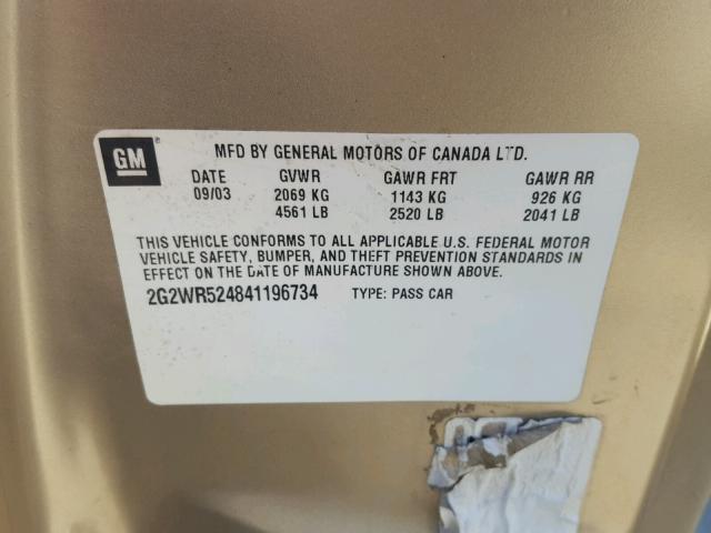 2G2WR524841196734 - 2004 PONTIAC GRAND PRIX BEIGE photo 10