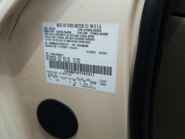 1LNHM87A7YY875511 - 2000 LINCOLN LS 奶油色 照片 10