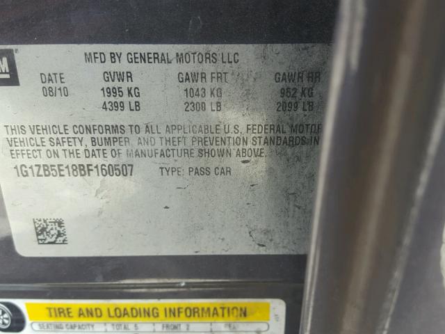 1G1ZB5E18BF160507 - 2011 CHEVROLET MALIBU LS ნაცრისფერი ფოტო 10