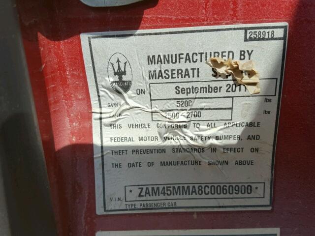 ZAM45MMA8C0060900 - 2012 MASERATI GRANTURISM RED photo 10