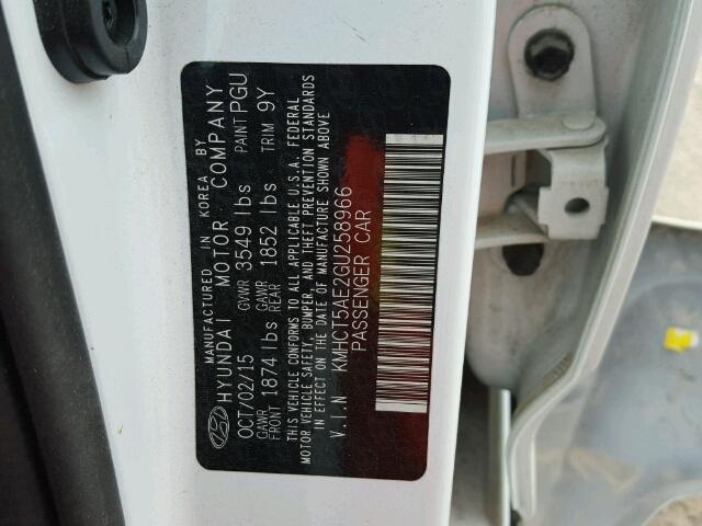 KMHCT5AE2GU258966 - 2016 HYUNDAI ACCENT WHITE photo 10