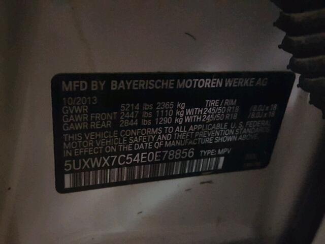 5UXWX7C54E0E78856 - 2014 BMW X3 XDRIVE3 WHITE photo 10