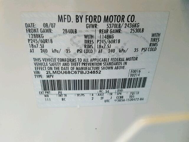 2LMDU68C67BJ34852 - 2007 LINCOLN MKX WHITE photo 10