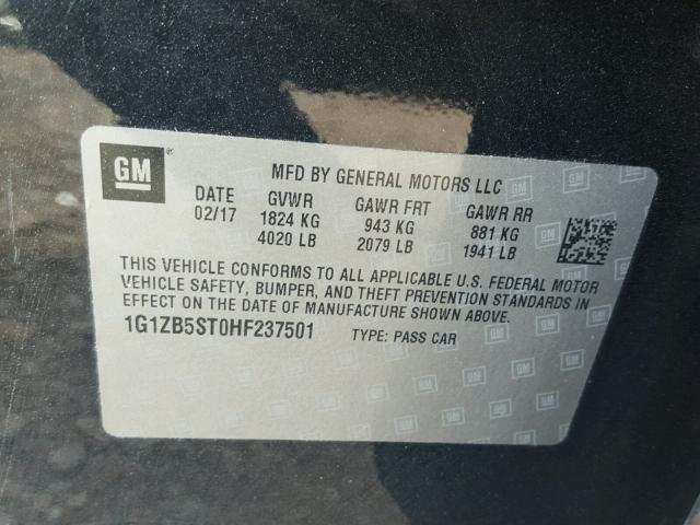 1G1ZB5ST0HF237501 - 2017 CHEVROLET MALIBU LS შავი ფოტო 10