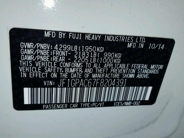 JF1GPAC67F8204391 - 2015 SUBARU IMPREZA PR WHITE photo 10