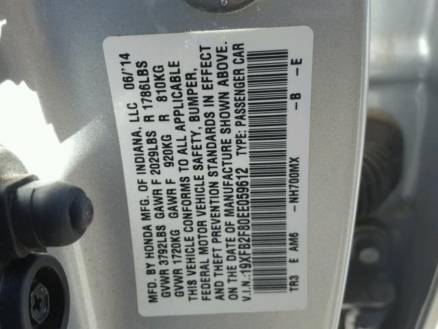 19XFB2F80EE059612 - 2014 HONDA CIVIC EX SILVER photo 10