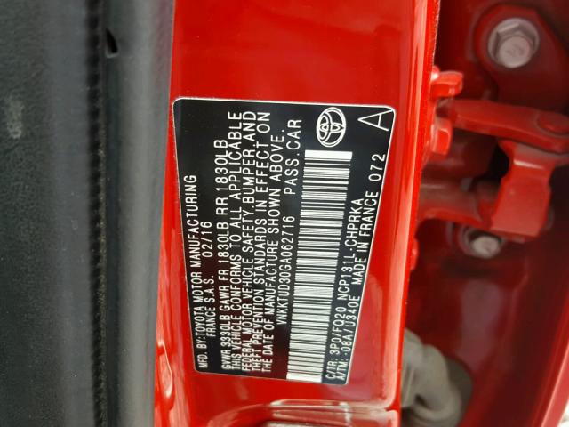 VNKKTUD30GA062716 - 2016 TOYOTA YARIS L RED photo 10