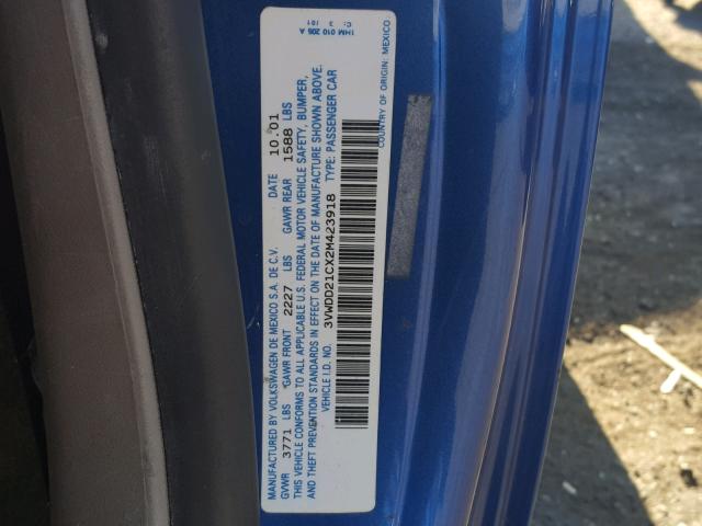 3VWDD21CX2M423918 - 2002 VOLKSWAGEN NEW BEETLE 蓝色 照片 10