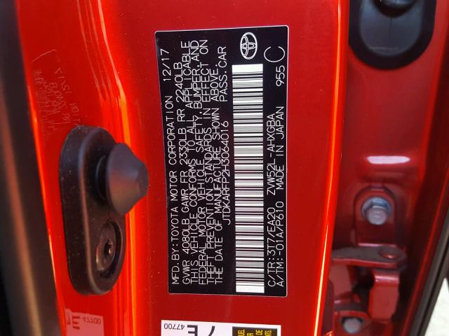 JTDKARFP2H3064016 - 2017 TOYOTA PRIUS PRIM წითელი ფოტო 10
