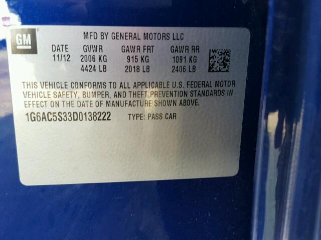 1G6AC5S33D0138222 - 2013 CADILLAC ATS BLUE photo 10