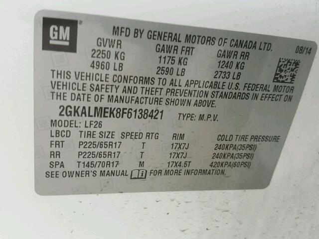 2GKALMEK8F6138421 - 2015 GMC TERRAIN SL WHITE photo 10