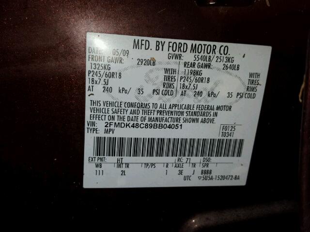 2FMDK48C89BB04051 - 2009 FORD EDGE Kahverengi fotoğraf 10