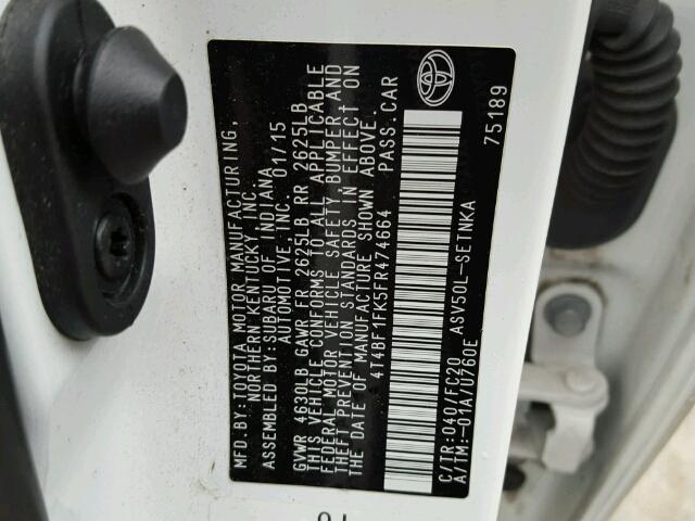 4T4BF1FK5FR474664 - 2015 TOYOTA CAMRY LE 白色 照片 10