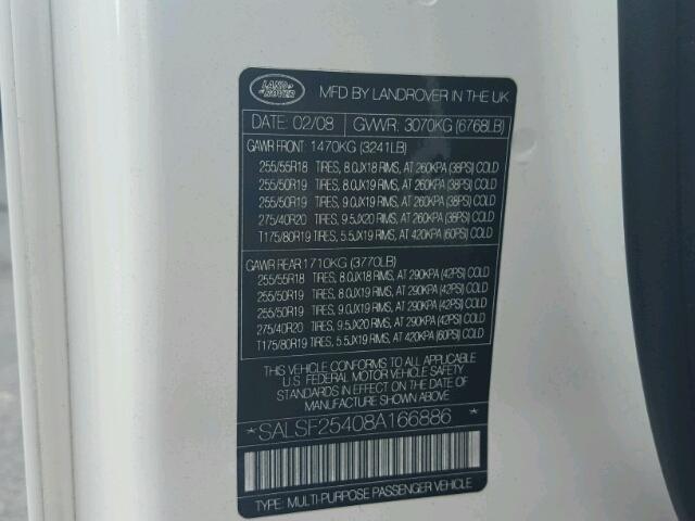 SALSF25408A166886 - 2008 LAND ROVER RANGE ROVE WHITE photo 10